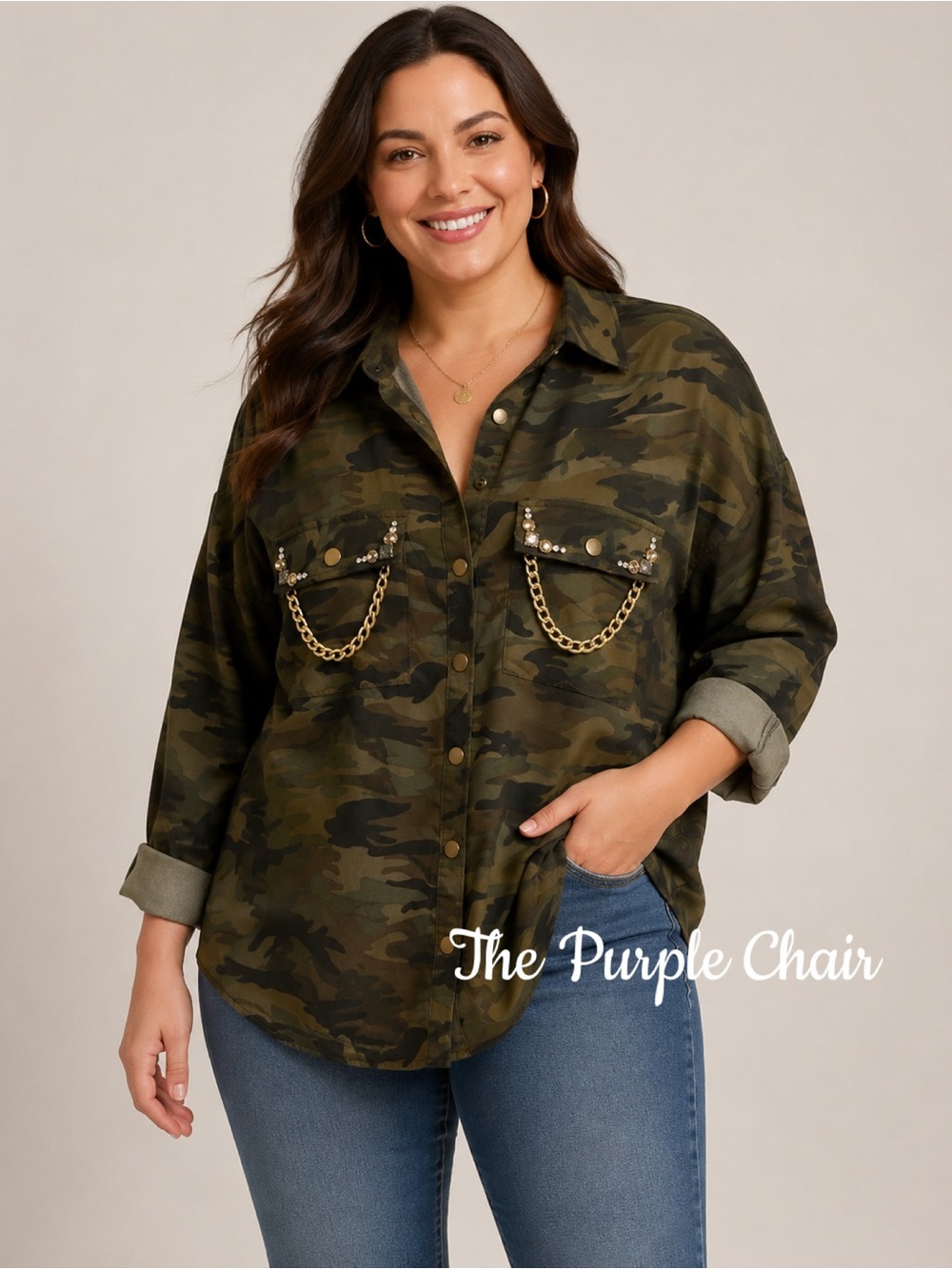 HOMMAGE Camo 3/4 Sleeve Button Down Chain Pocket Top S
